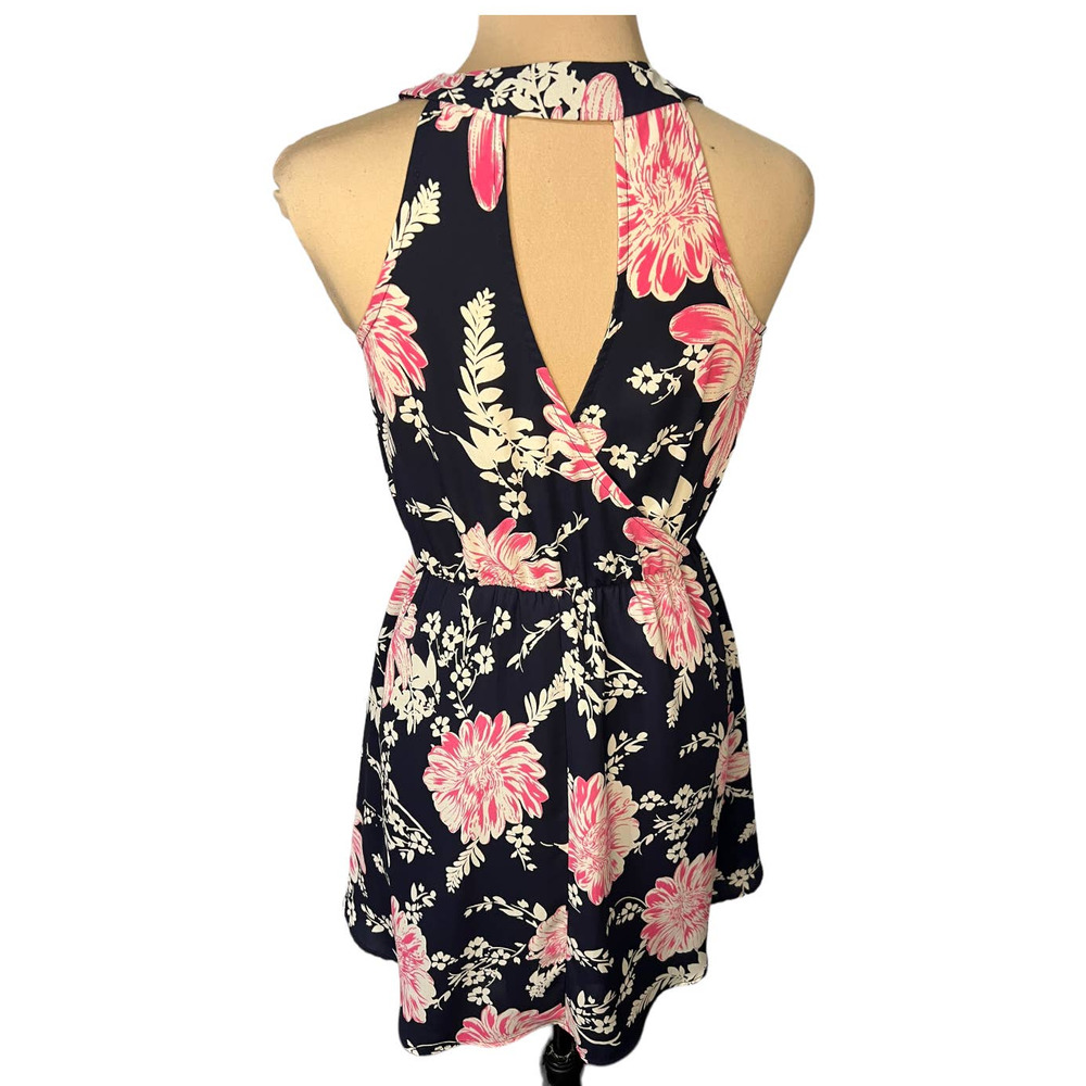 Lush Floral Skater Dress Womens Small Navy Pink Faux Wrap Fit & Flare Mini - Picture 4 of 6